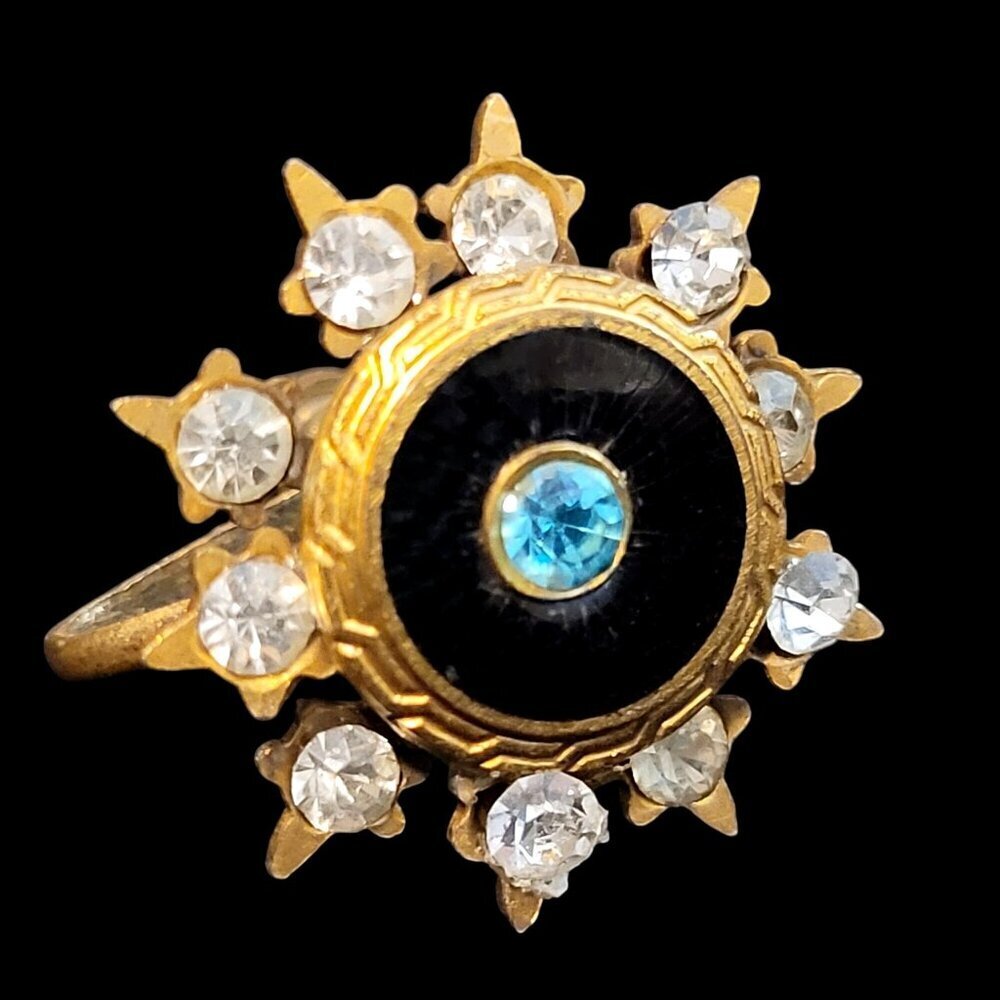 Vintage Sunburst Design Gold Tone Screw Back Earrings Blue & Clear Stones 1950s - Picture 2 of 5
